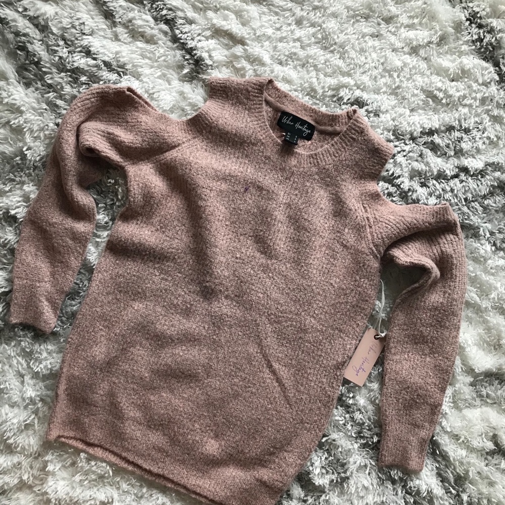 Pink open shoulder pull over knit sweater